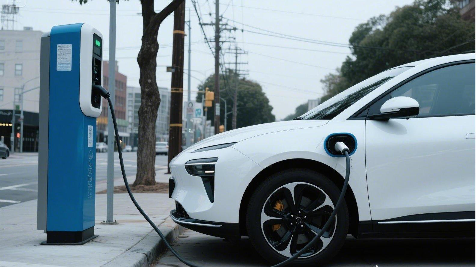 充电桩给车充电 ，写实一些